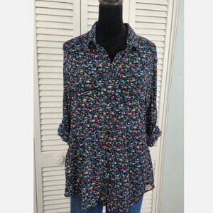 Eden & Olivia Large Black Floral Semi Sheer Button Up Roll Cuff Chest Pockets